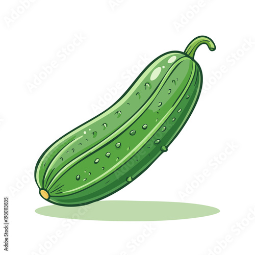 Vibrant green cartoon cucumber with dew drops and a slight shadow, isolated on a white background