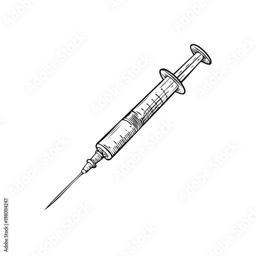Medical syringe with needle and plunger isolated on white background hand drawn illustration