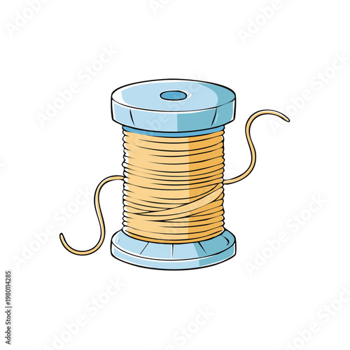 A spool of light yellow thread with its end unwound and dangling