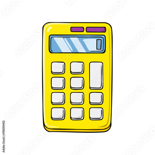 Bright yellow cartoon calculator with a clear digital screen and white number buttons