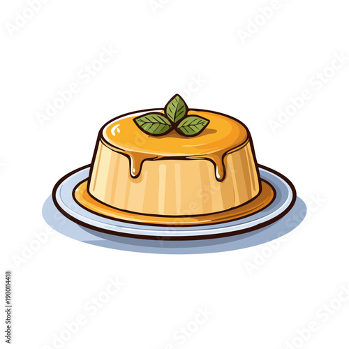 Delicious custard dessert with caramel topping and mint leaves on a plate