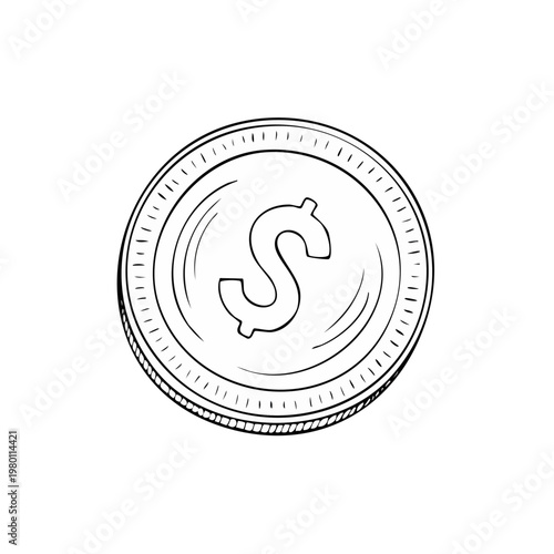 Hand drawn illustration of a single coin with a dollar sign symbol in the center and ribbed edge