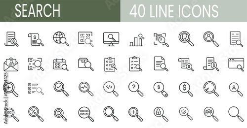 Search and inspection line icons set for financial audit data analysis security protection global discovery and health monitoring vector illustration with editable stroke.