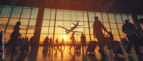 Silhouetted passengers with luggage walking through a blurred airport terminal at sunset, with an airplane taking off visible through large glass windows