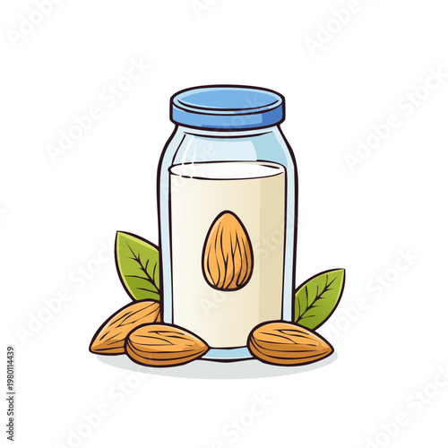 Hand drawn illustration of almond milk in a glass bottle surrounded by almonds and leaves