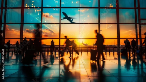 Blurred silhouettes of travelers moving through an airport terminal with a large glass window showcasing an airplane against a colorful sunset sky