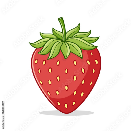 Illustration of a single ripe red strawberry with green leaves and stem