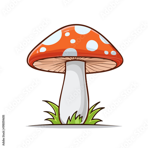 Vibrant cartoon illustration of a red and white spotted toadstool mushroom with green grass