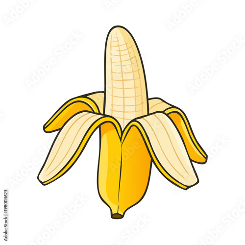 Bright yellow banana partially peeled showing its white flesh and segments