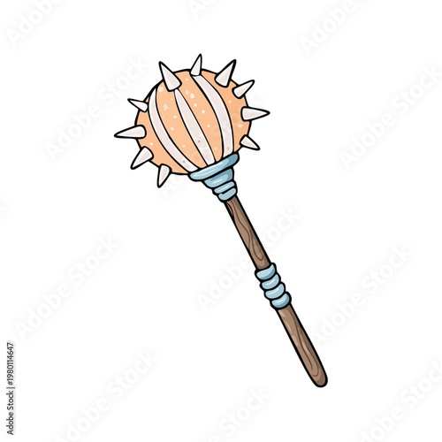 Cartoon medieval spiked mace weapon with wooden handle and striped head