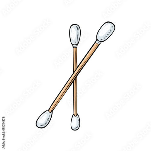 Two Crossed Cotton Swabs with Wooden Handles on a White Background