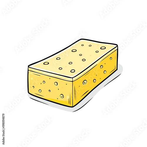 Yellow rectangular sponge with round holes and outline, cartoon style illustration