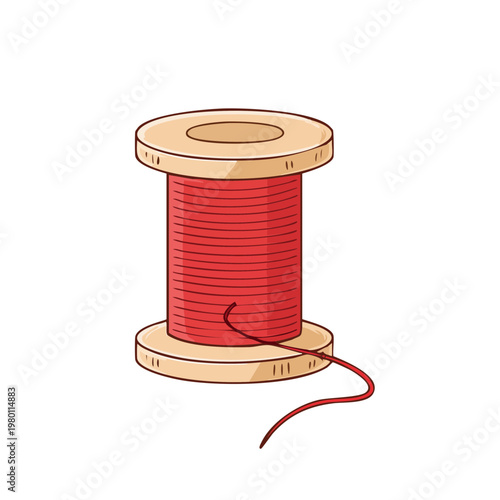 Vintage wooden spool with vibrant red thread illustration for sewing and crafting projects