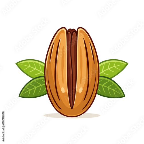 A single, stylized pistachio nut with two green leaves on either side, presented as a simple, clean graphic illustration.