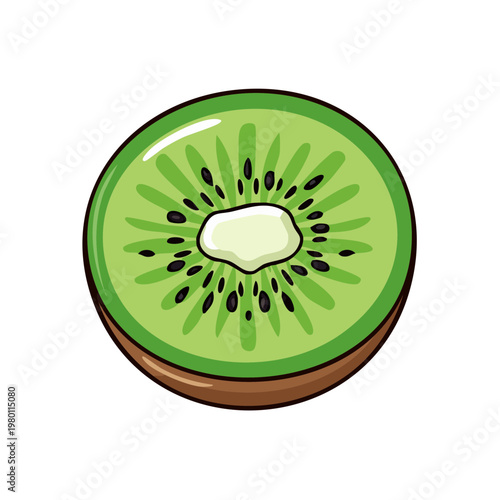 Vibrant illustration of a cross-section of a ripe kiwi fruit showing green flesh and black seeds