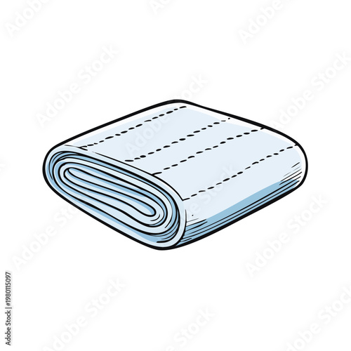 Hand drawn illustration of a folded white towel with stitched lines