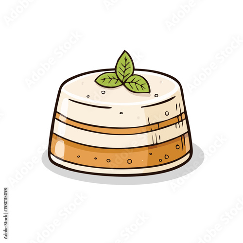 Hand-drawn illustration of a layered dessert with mint garnish and cream topping