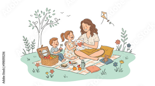 A mother and her child enjoy a lovely picnic on Mother's Day, filled with love and laughter.