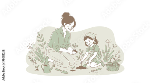 A mother and her child planting flowers together on Mother's Day to show love.