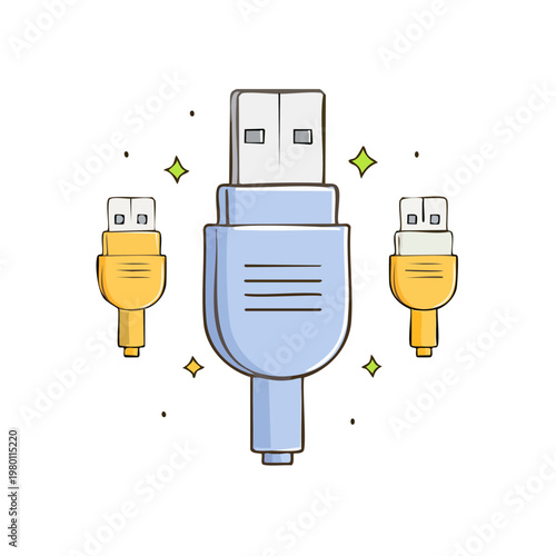 Vector illustration of USB connection ports and cables with sparkling highlights