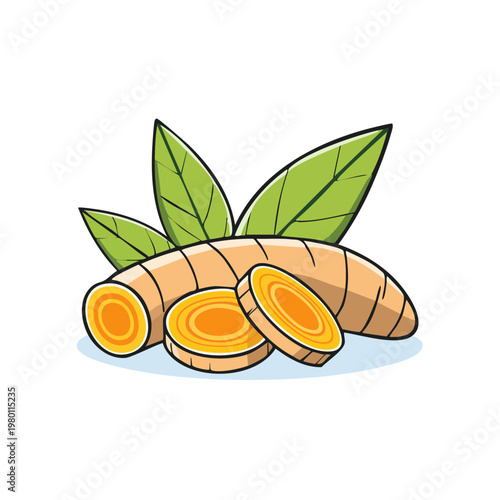 Fresh Organic Turmeric Root Slices with Green Leaves Healthy Spice Ingredient