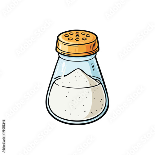 A cartoon salt shaker filled with white granules against a white background with orange lid and clear glass container