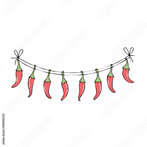 Hand drawn illustration of red chili peppers hanging on a string with decorative bows