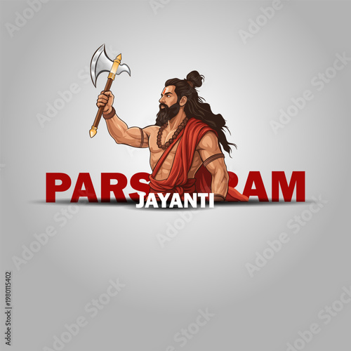 Parshuram Jayanti illustration with a powerful warrior deity holding a divine axe, religious festival banner on a grey background