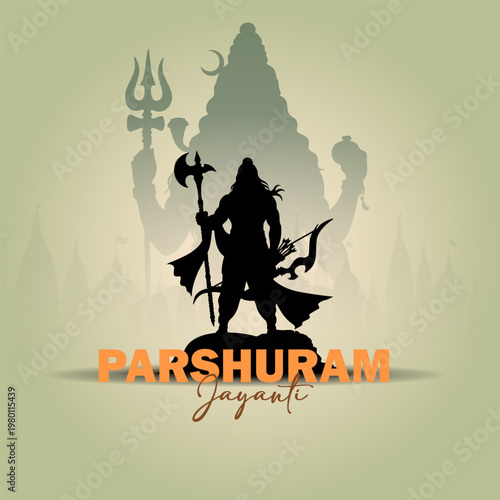  Parshuram Jayanti illustration: silhouette with axe and bow, shadow of Shiva with trishula and damsru, on a grey-green background