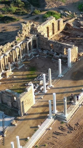 Aerial view of the ruins of the ancient city of Side, located on the Antalya coast of Türkiye.