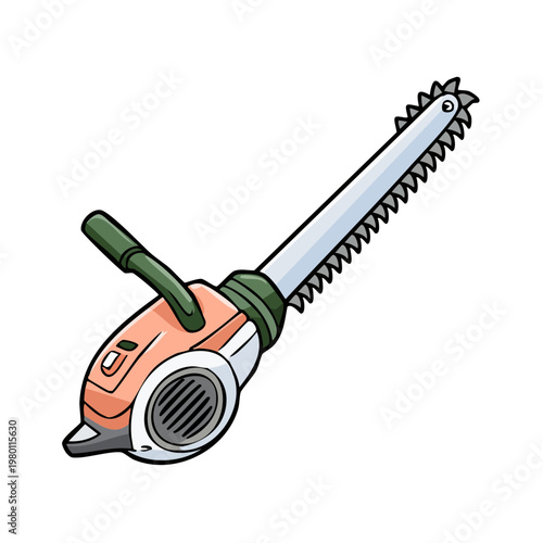 Cartoon illustration of a portable electric chainsaw with a long metal cutting bar and a green handle for effortless cutting