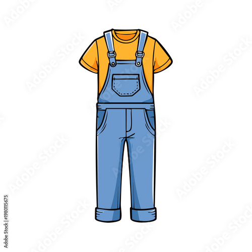 Illustration of a child's blue denim overalls with a yellow t-shirt, representing casual fashion and childhood clothing.