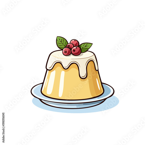 Hand drawn illustration of a creamy pudding dessert topped with berries and mint leaves on a plate