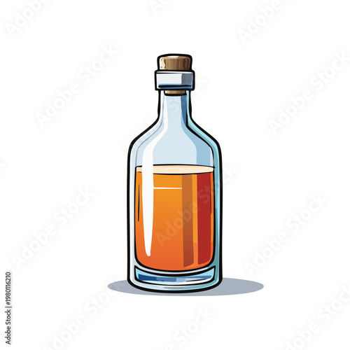 Clear glass bottle filled with amber liquid and sealed with a cork stopper