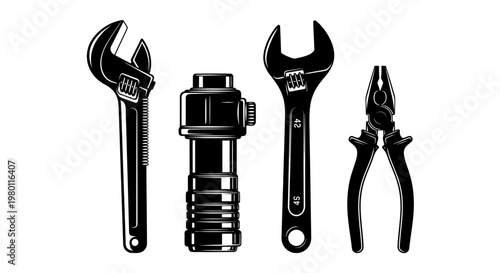 May Day Black tools, hardware icons, wrench, pliers, socket, vector set Vector