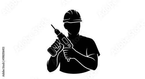 May Day Construction worker, laborer, silhouette icon, drilling tool, industrial symbol Vector