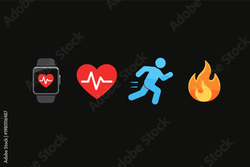 Set of four fitness and health tracking icons featuring a black smartwatch with heart rate monitor, a red heart with pulse line, a blue running person silhouette, and a fire flame for calories burned.