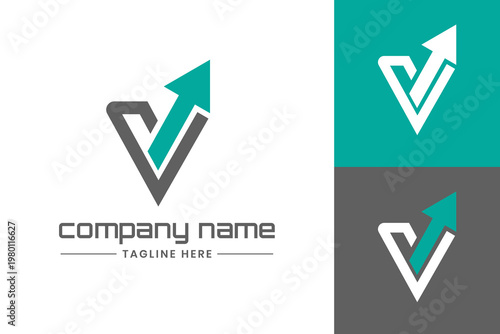 Modern V letter logo with upward arrow symbolizing growth, success and marketing performance. Clean corporate branding design for startups, finance, consulting and digital agencies.