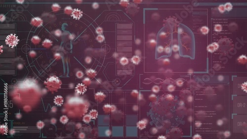 Animation of covid 19 virus cells over data processing on red background