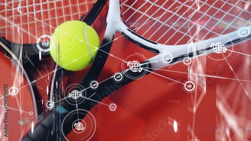 Animation of network of connection with people icons over tennis rackets and ball