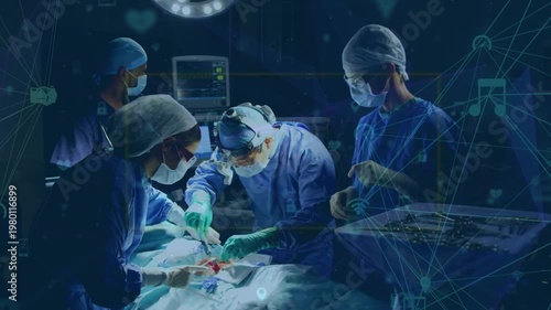 Animation of digital interface k over surgeons in operating theatre