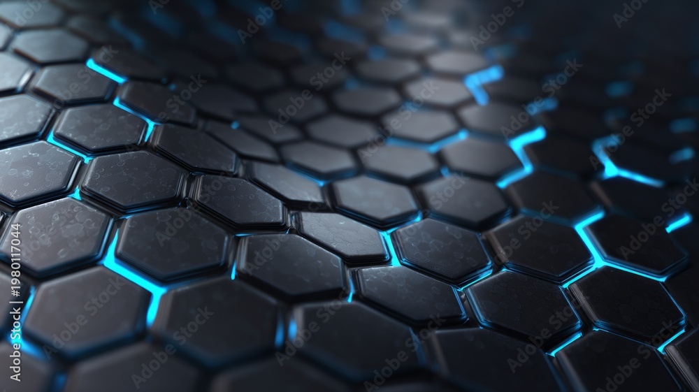 Fototapeta premium Metallic hexagonal pattern with blue glow. Artificial intelligence image