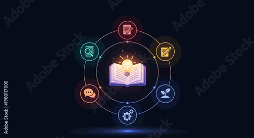 Open Book with Glowing Light Icons.