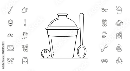 Blender with accessories and ingredients.