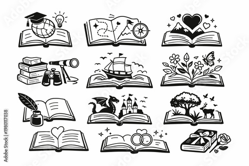 Set of hand-drawn line art book symbols illustrating themes of knowledge, adventure, fantasy, nature, romance, and science. Ideal for educational, literary, and storytelling design projects.