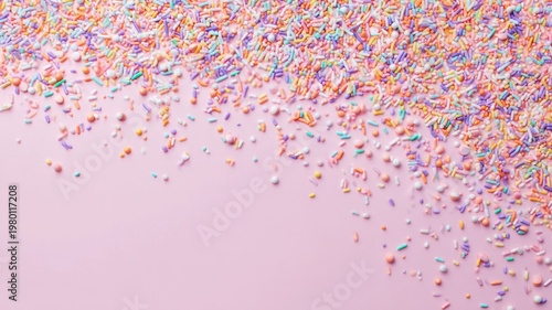 Multicolored sugar sprinkles on pastel pink surface. Artificial intelligence image