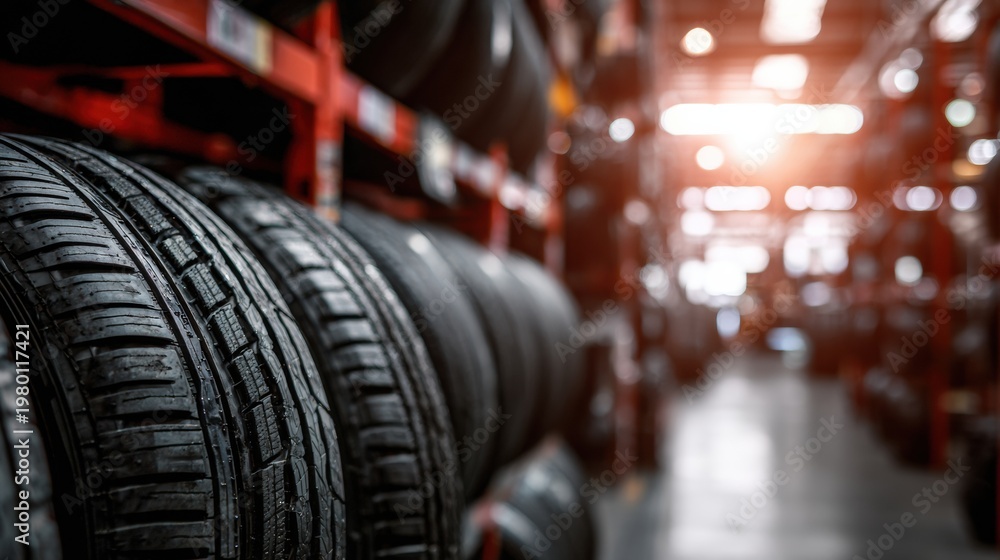 Fototapeta premium Wide Banner for Tire Shop Featuring New Tires in a Clean Fitting Service Location With Ample Space for Promotional Text