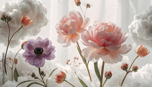 editorial style floral background, soft natural light, delicate pastel flowers, white airy composition, elegant minimal design, beauty brand aesthetic