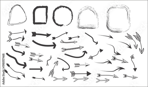Hand-drawn vector set of charcoal brush strokes, arrows, and frames isolated on a white background.