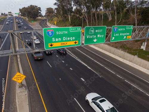 Fotografía Aerial View of Interstate 5 and Highway 78 Directional Signs for San Diego and L